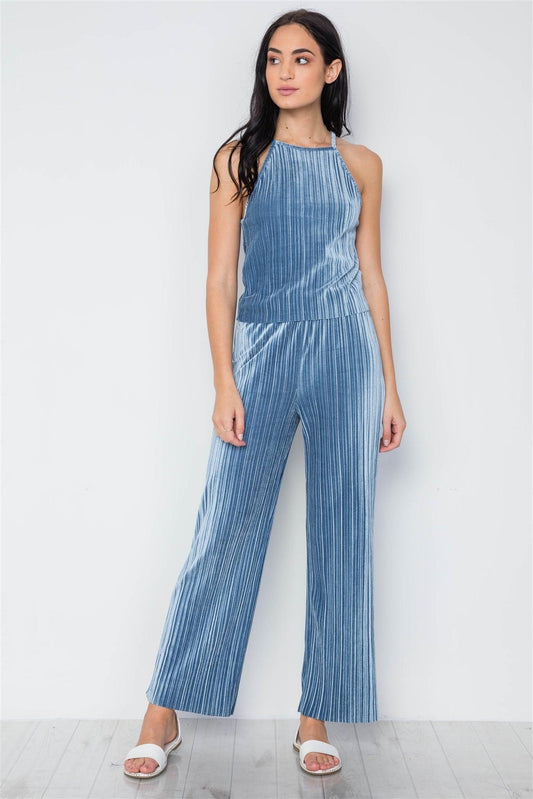 Blue Ribbed Velvet Crop Top And Pants Set /2-2-2