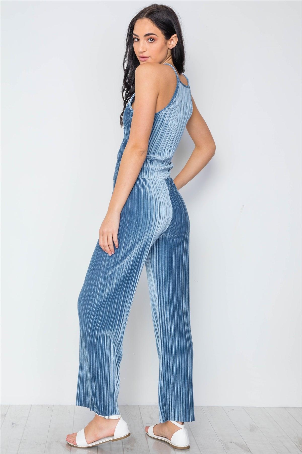 Blue Ribbed Velvet Crop Top And Pants Set /2-2-2