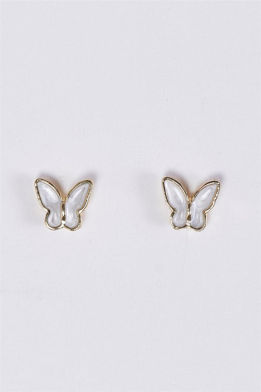 Gold & White Butterfly Shaped Stud Earrings /3 Pairs