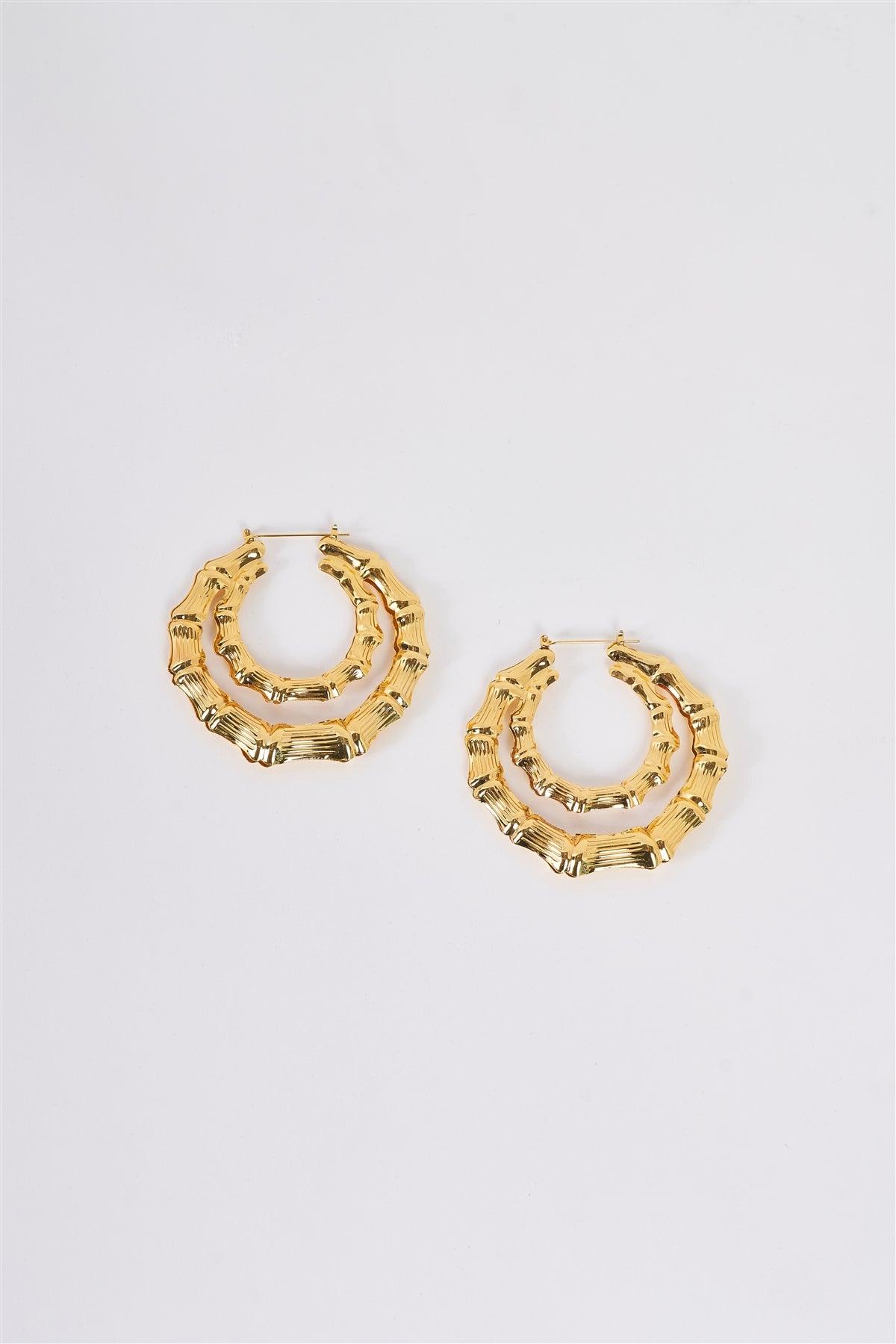 Gold Large Double Circle Bamboo Hoop Earrings / 3 Pairs