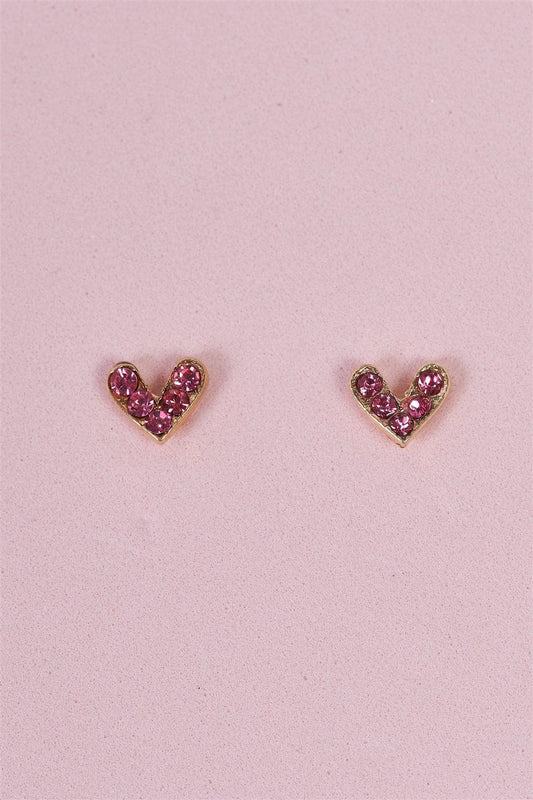 Pixelated Love Small Pink & Gold Faux Diamonds Incrusted Heart Stud Earrings /3 Pairs