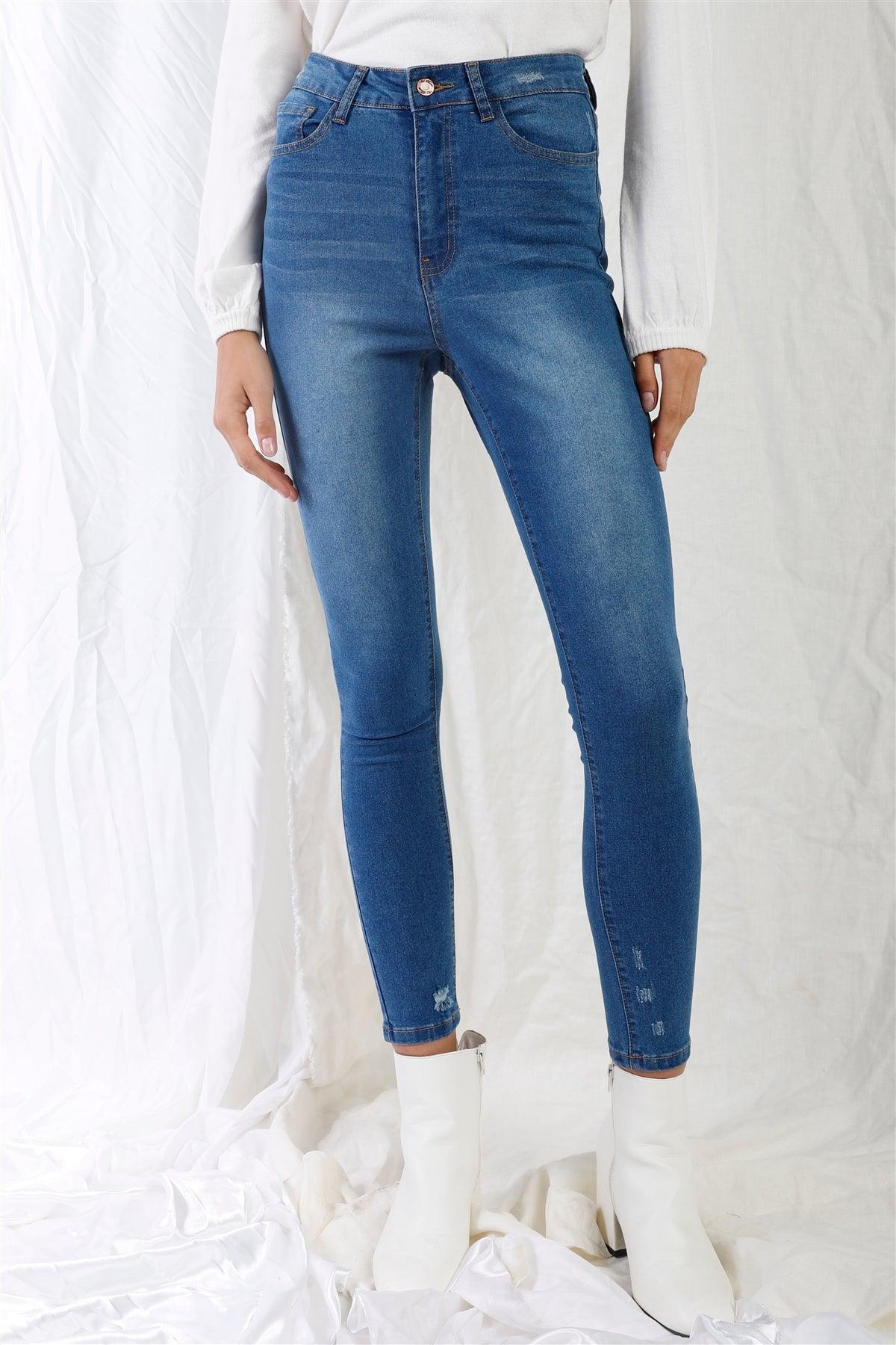 Mid Blue High-Waisted With Rips Skinny Denim Jeans /1-1-3-3-2-1-1