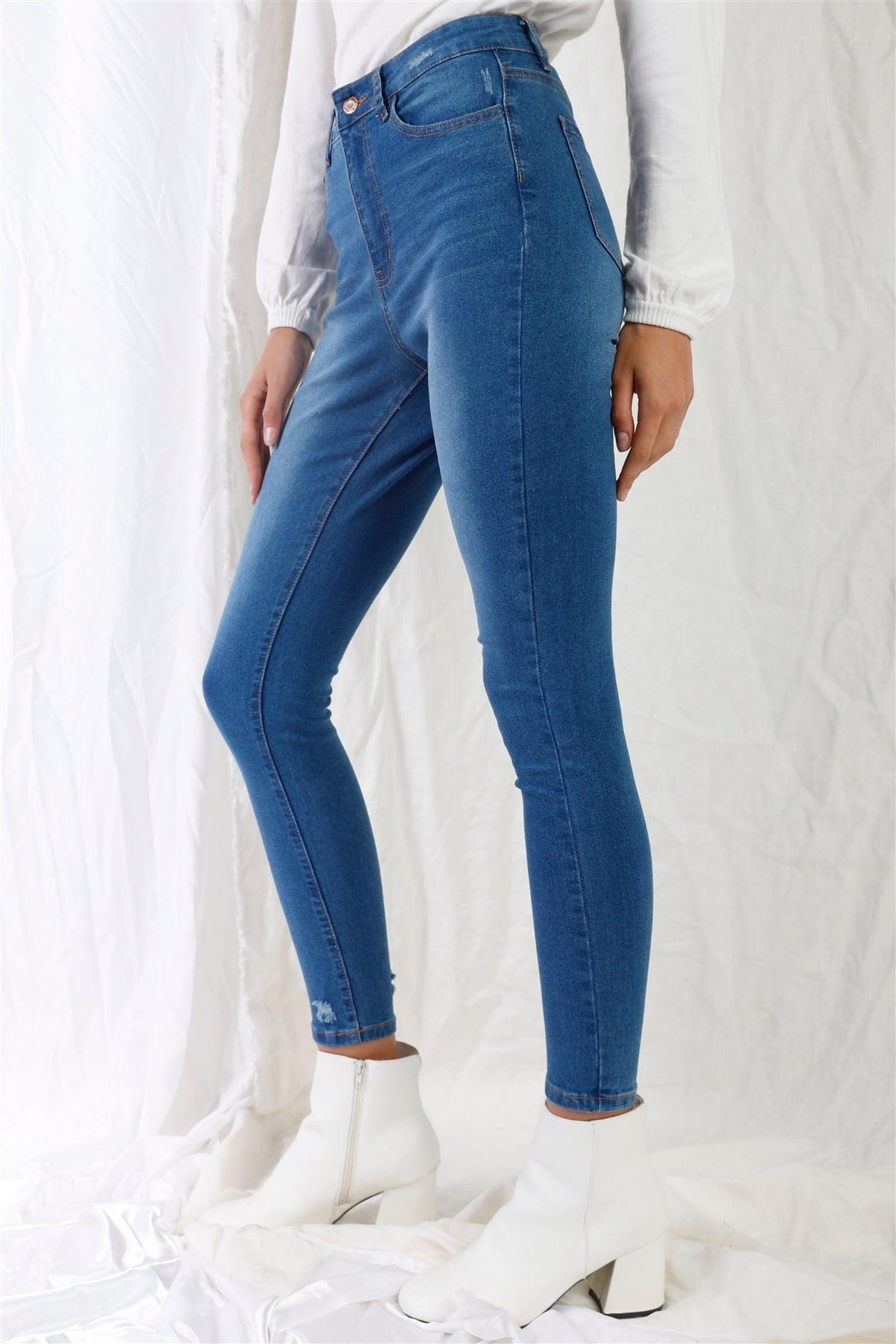 Mid Blue High-Waisted With Rips Skinny Denim Jeans /1-1-3-3-2-1-1