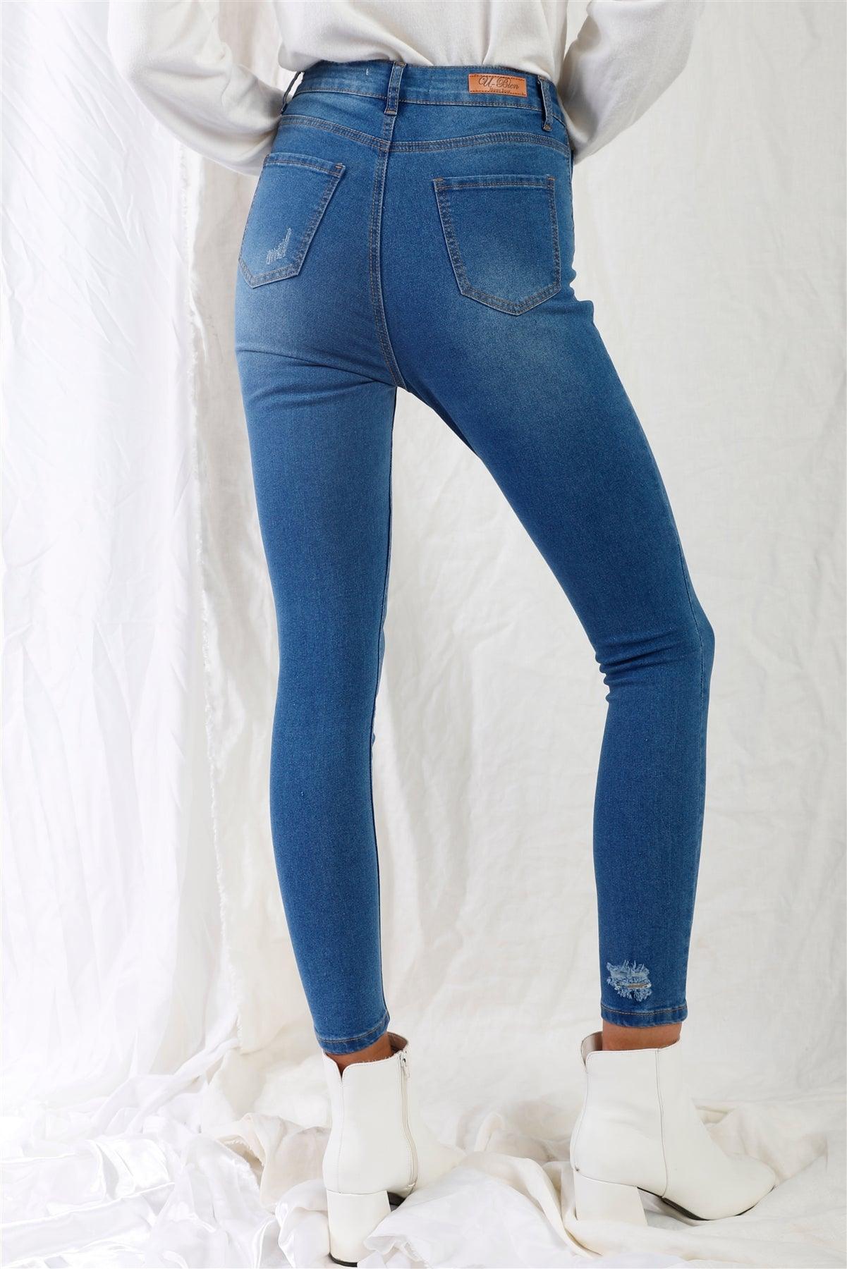 Mid Blue High-Waisted With Rips Skinny Denim Jeans /1-1-3-3-2-1-1