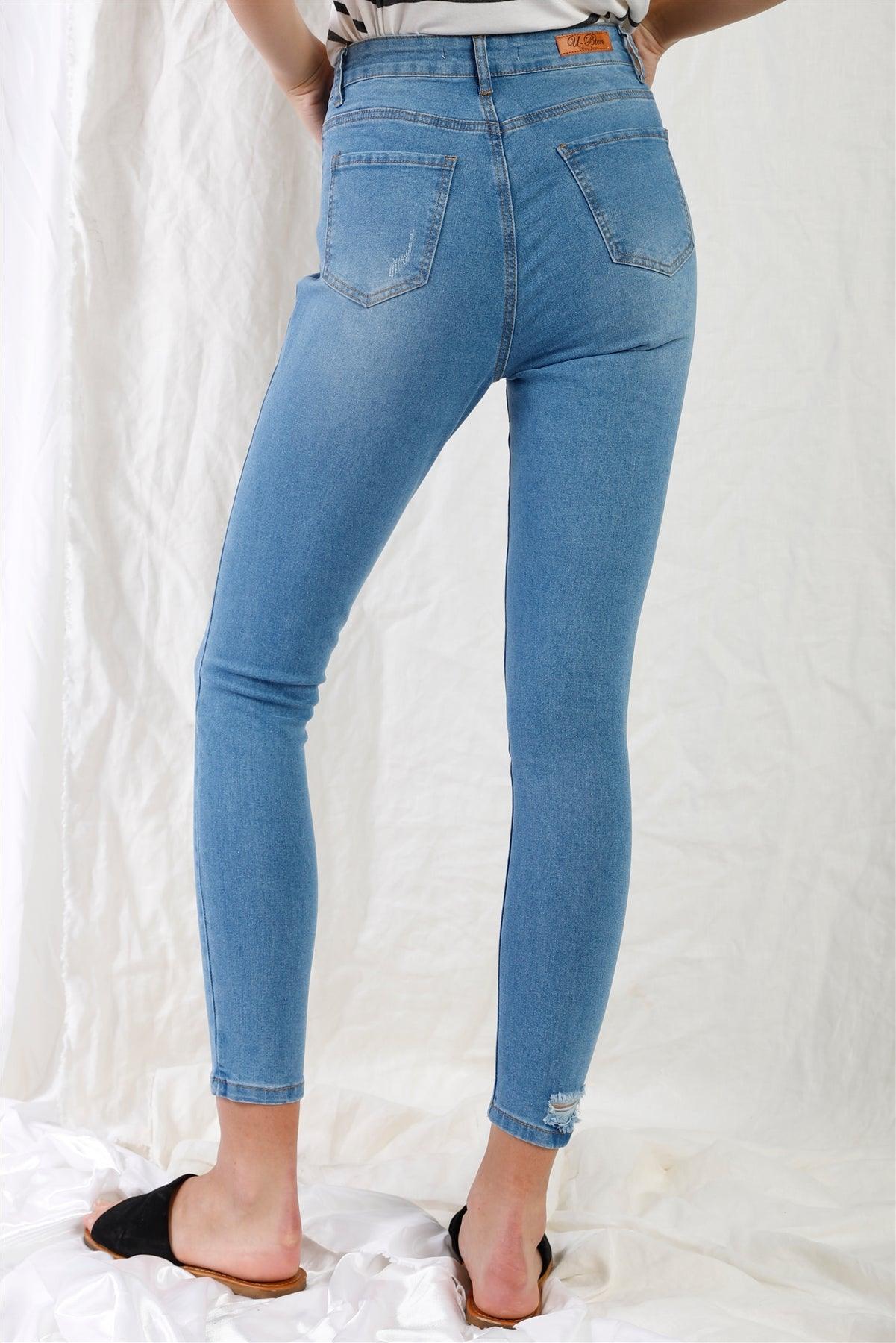 Light Blue High-Waisted With Rips Skinny Denim Jeans /1-3-3-2-1-1-1