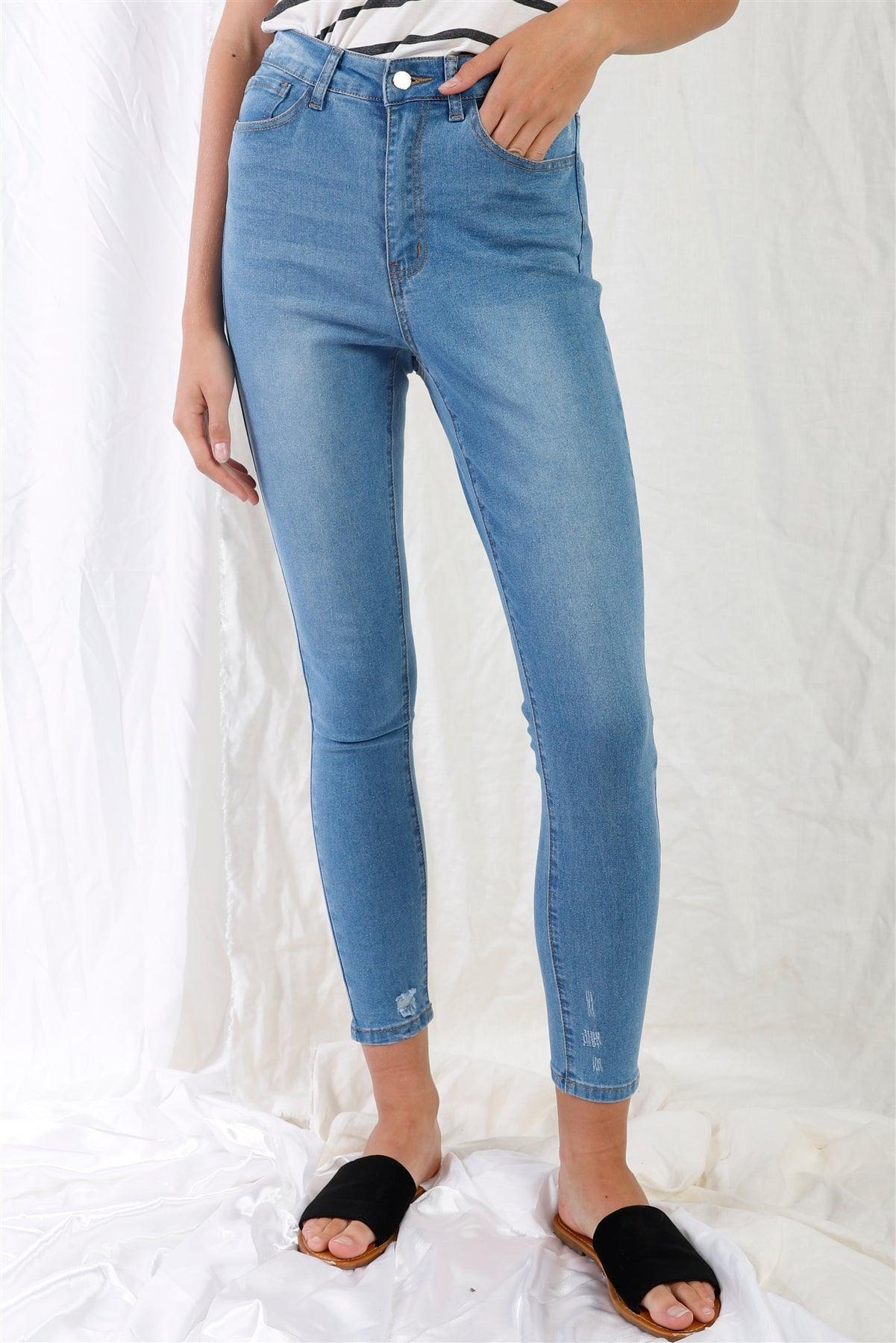 Light Blue High-Waisted With Rips Skinny Denim Jeans /1-3-3-2-1-1-1