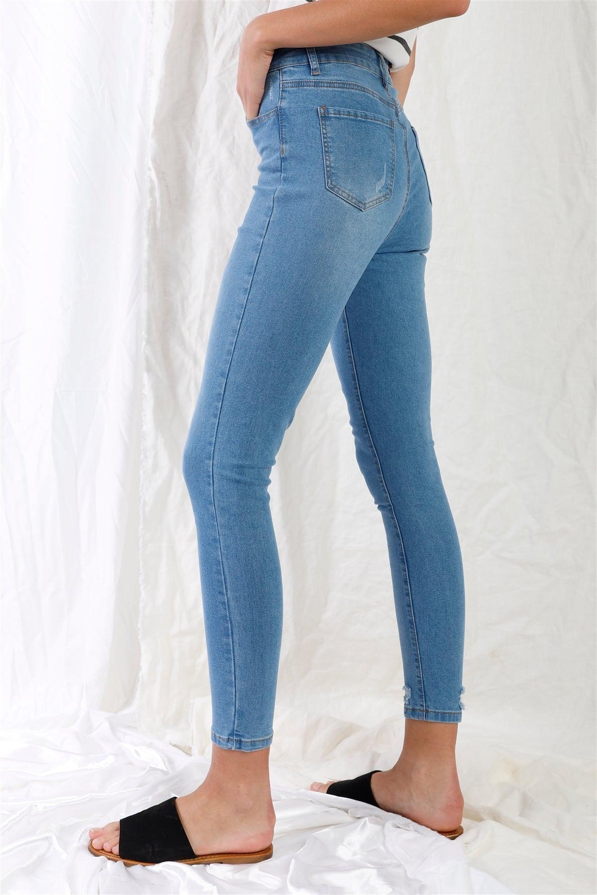 Light Blue High-Waisted With Rips Skinny Denim Jeans /1-3-3-2-1-1-1