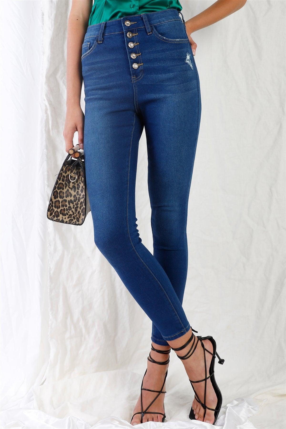 Dark Blue High-Waisted Button Fly Skinny Denim Jeans /1-1-3-3-2-1-1