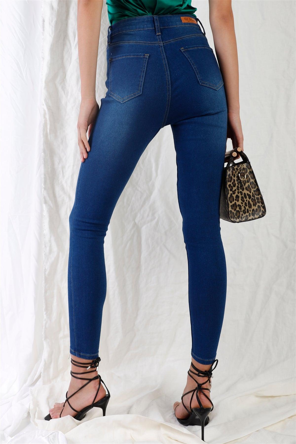 Dark Blue High-Waisted Button Fly Skinny Denim Jeans /1-1-3-3-2-1-1