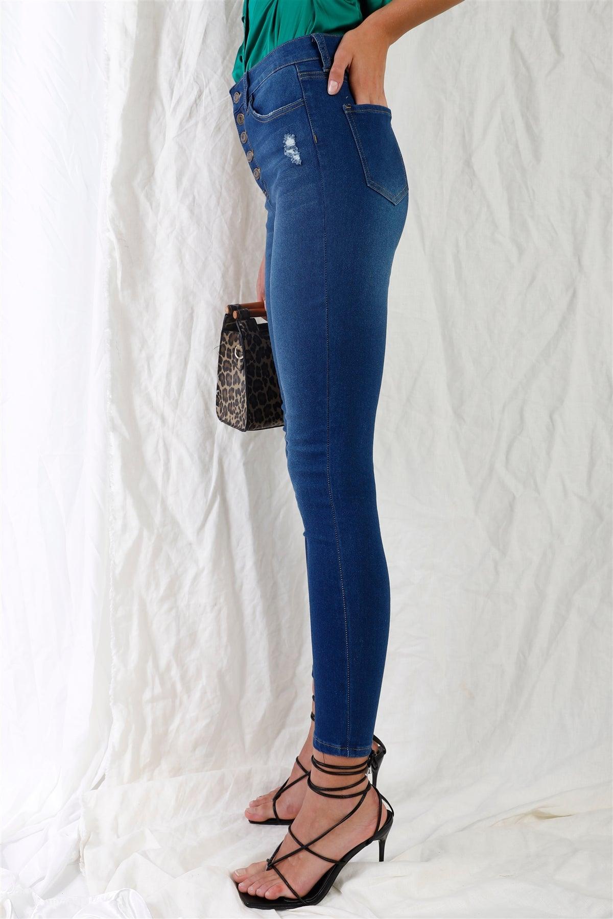 Dark Blue High-Waisted Button Fly Skinny Denim Jeans /1-1-3-3-2-1-1