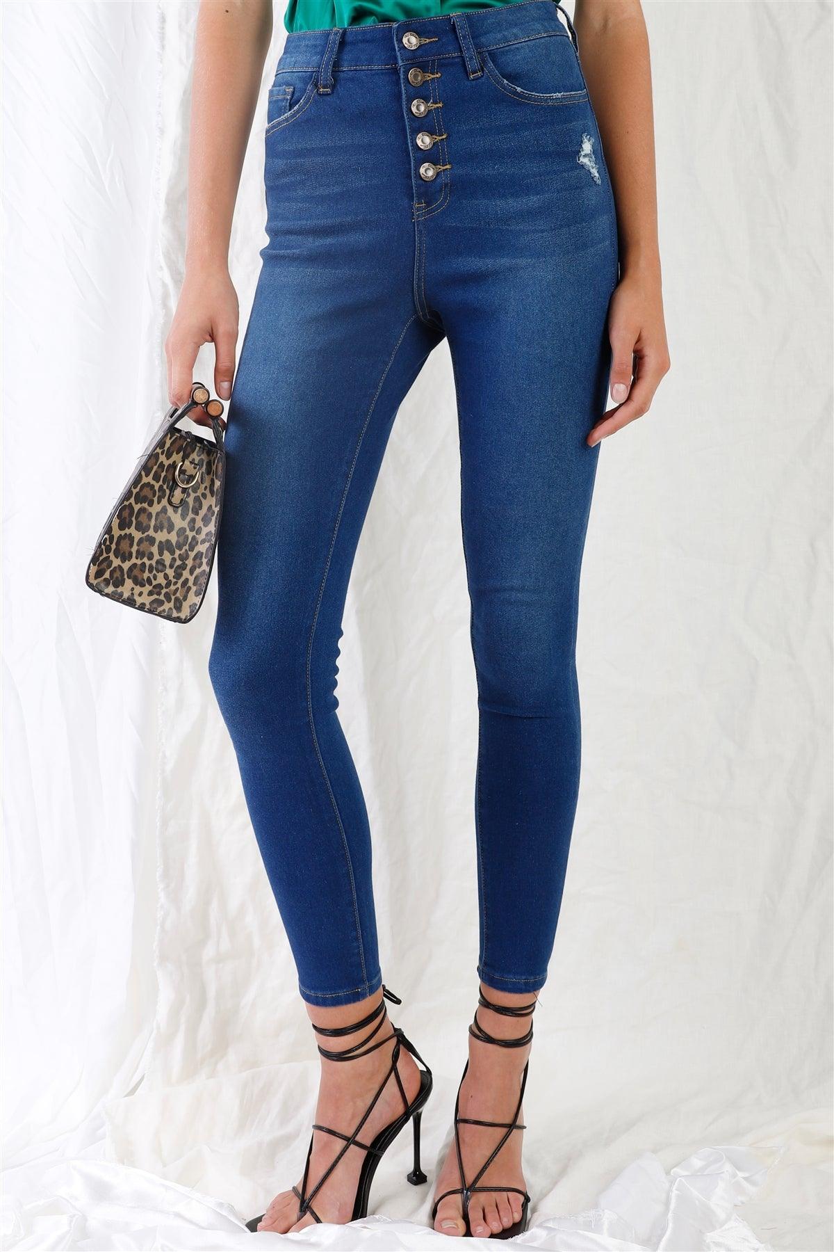 Dark Blue High-Waisted Button Fly Skinny Denim Jeans /1-3-3-2-1-1-1