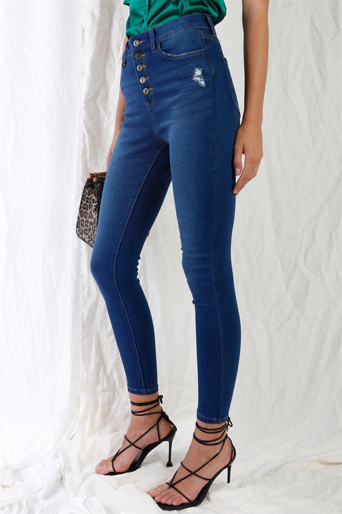 Dark Blue High-Waisted Button Fly Skinny Denim Jeans /1-3-3-2-1-1-1