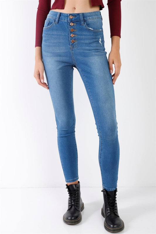 Mid Blue High-Waisted Button Fly Skinny Denim Jeans /1-1-3-2-2-1-1