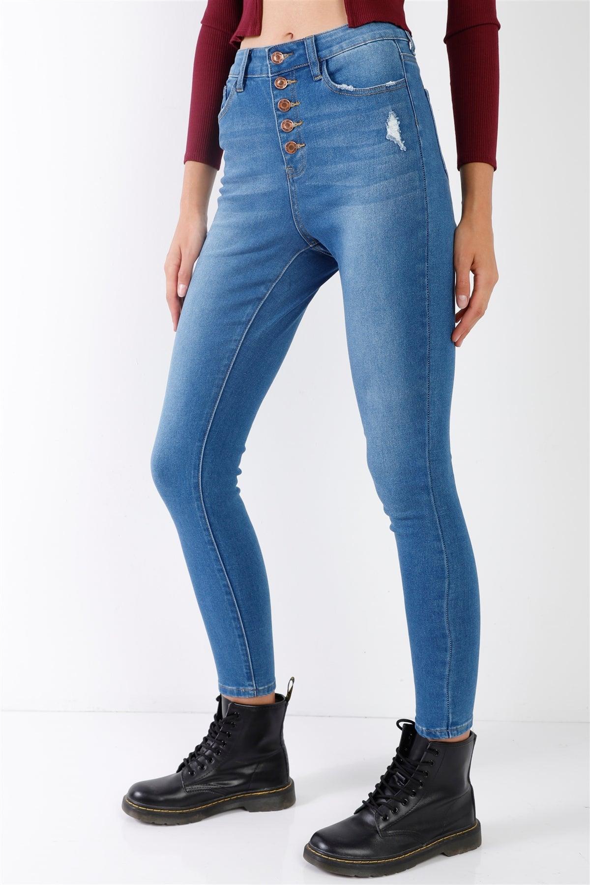 Mid Blue High-Waisted Button Fly Skinny Denim Jeans /1-1-3-3-2-1-1