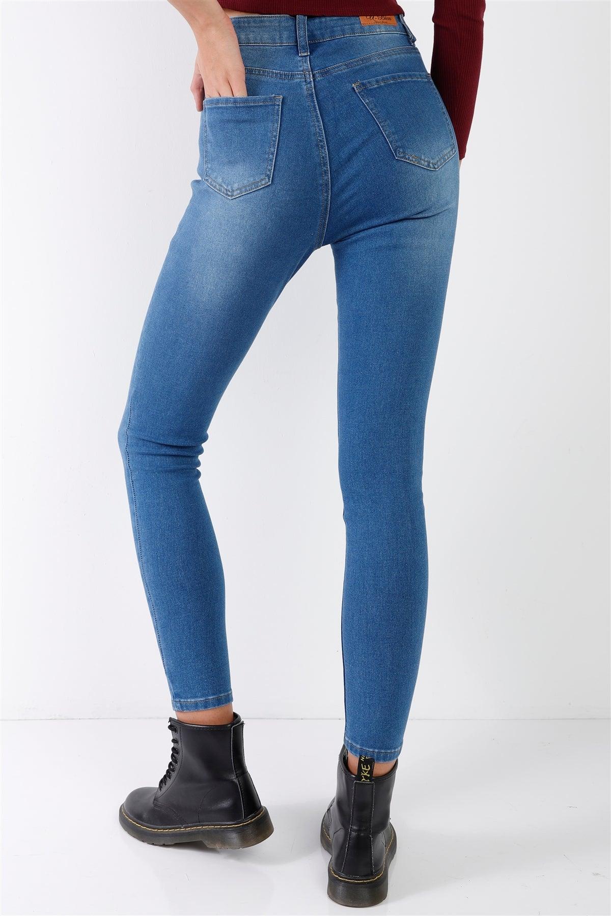 Mid Blue High-Waisted Button Fly Skinny Denim Jeans /1-1-3-3-2-1-1