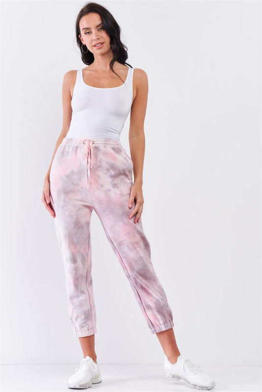 Cotton Candy Pink Tie-Dye Self-Tie Waist Detail Jogger Sweat Pants /2-2-1