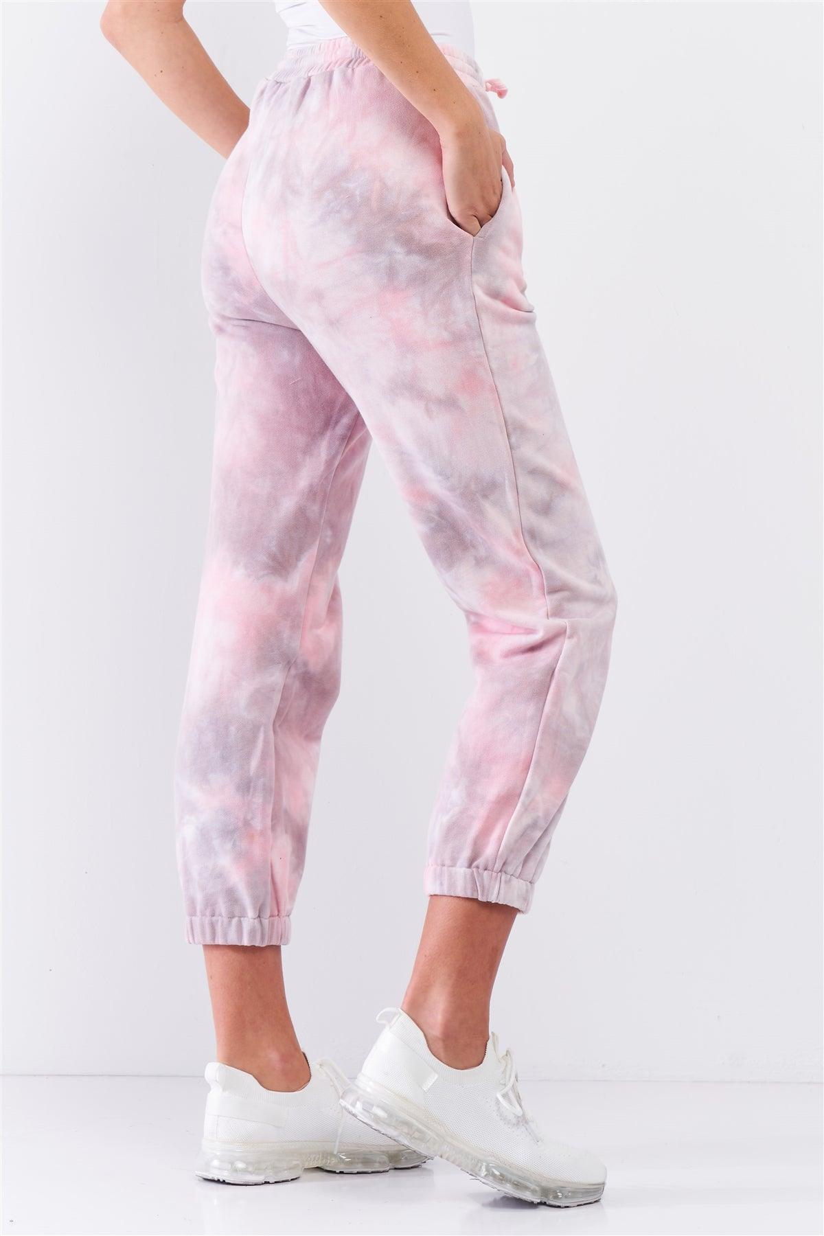 Cotton Candy Pink Tie-Dye Self-Tie Waist Detail Jogger Sweat Pants /2-2-1