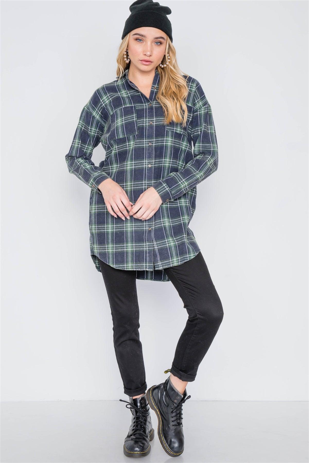 Green Plaid Button Down Long Sleeve Shirt Dress /2-2-2