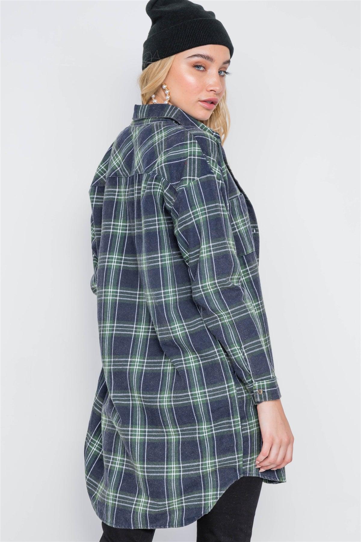 Green Plaid Button Down Long Sleeve Shirt Dress /2-2-2