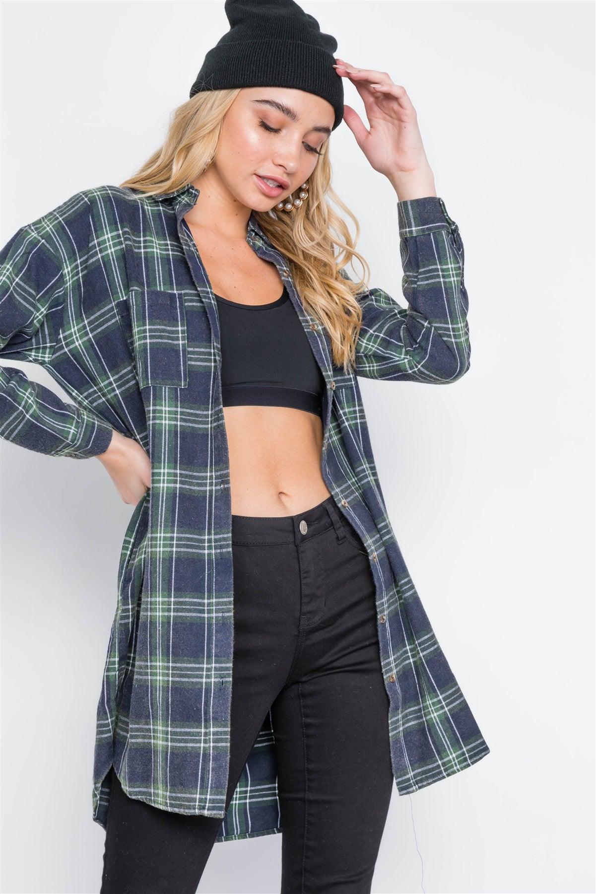 Green Plaid Button Down Long Sleeve Shirt Dress /2-2-2