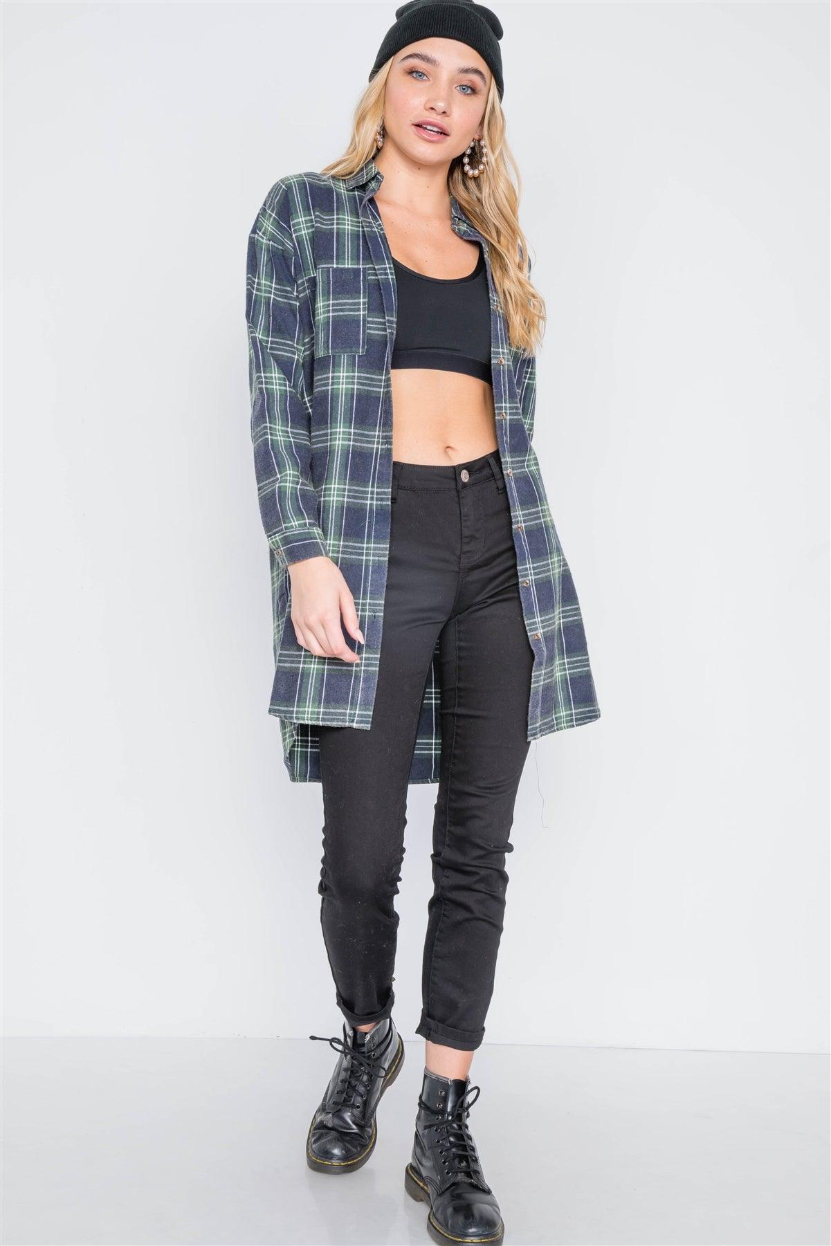 Green Plaid Button Down Long Sleeve Shirt Dress /2-2-2