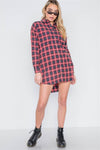 Red Plaid Button Down Long Sleeve Shirt Dress /1-3-1