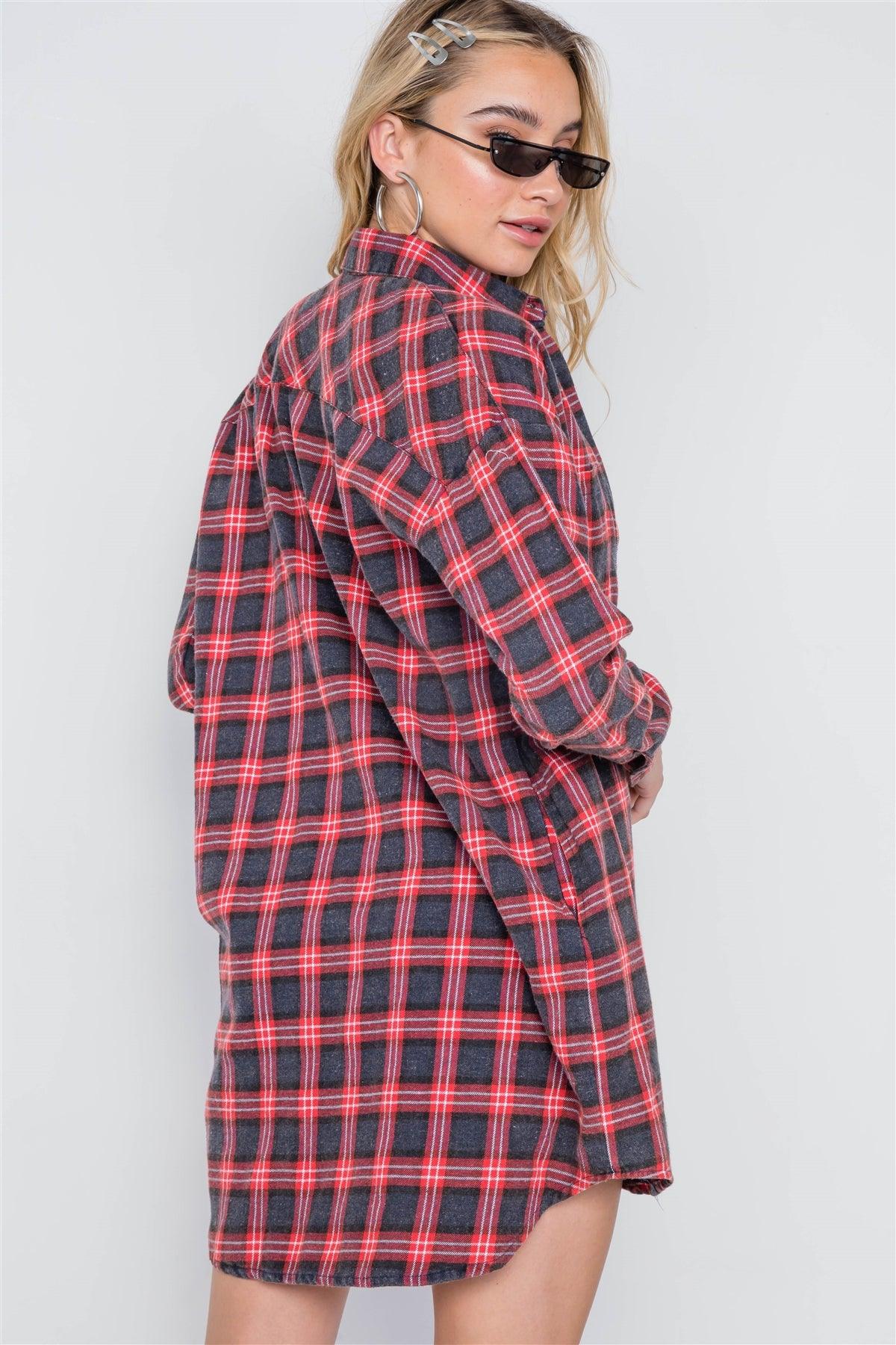 Red Plaid Button Down Long Sleeve Shirt Dress /1-3-1