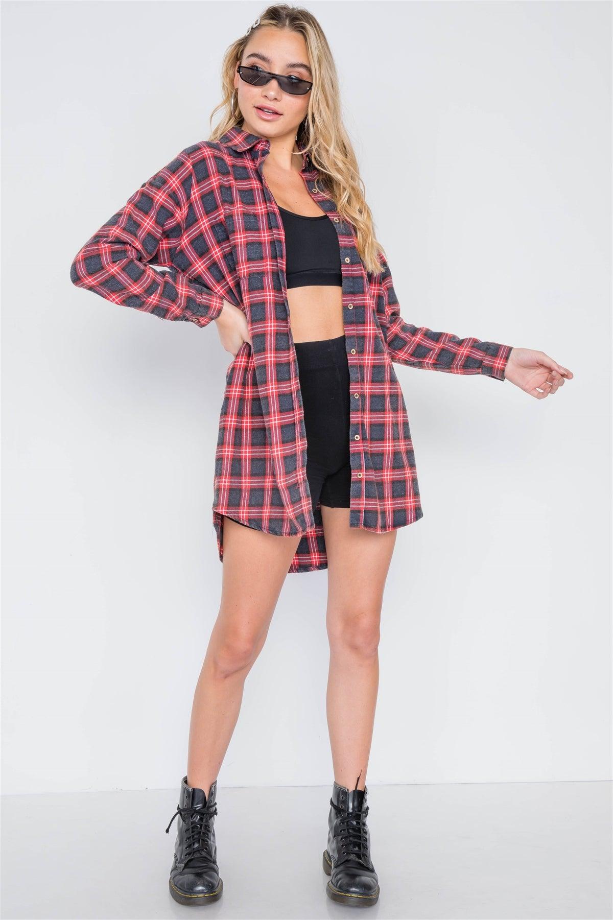 Red Plaid Button Down Long Sleeve Shirt Dress /1-3-1