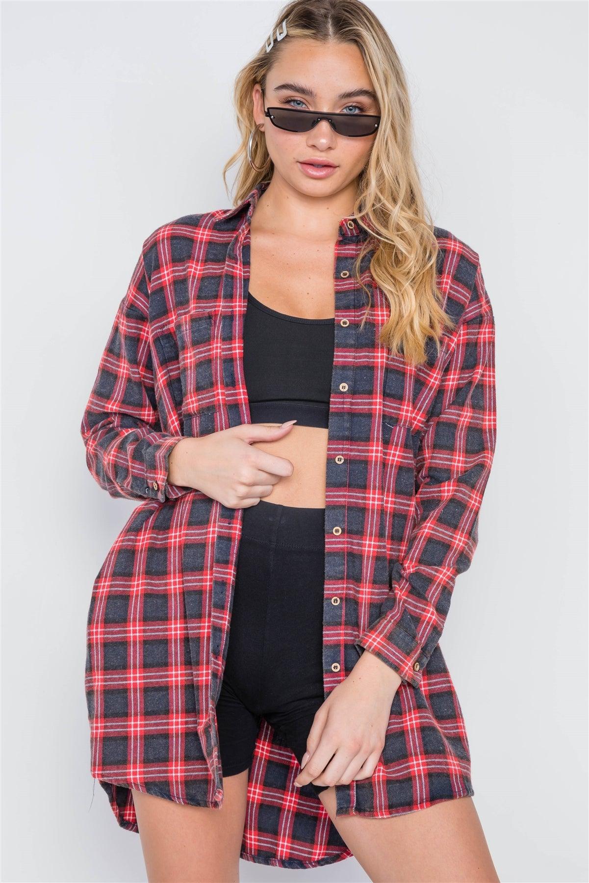 Red Plaid Button Down Long Sleeve Shirt Dress /1-3-1