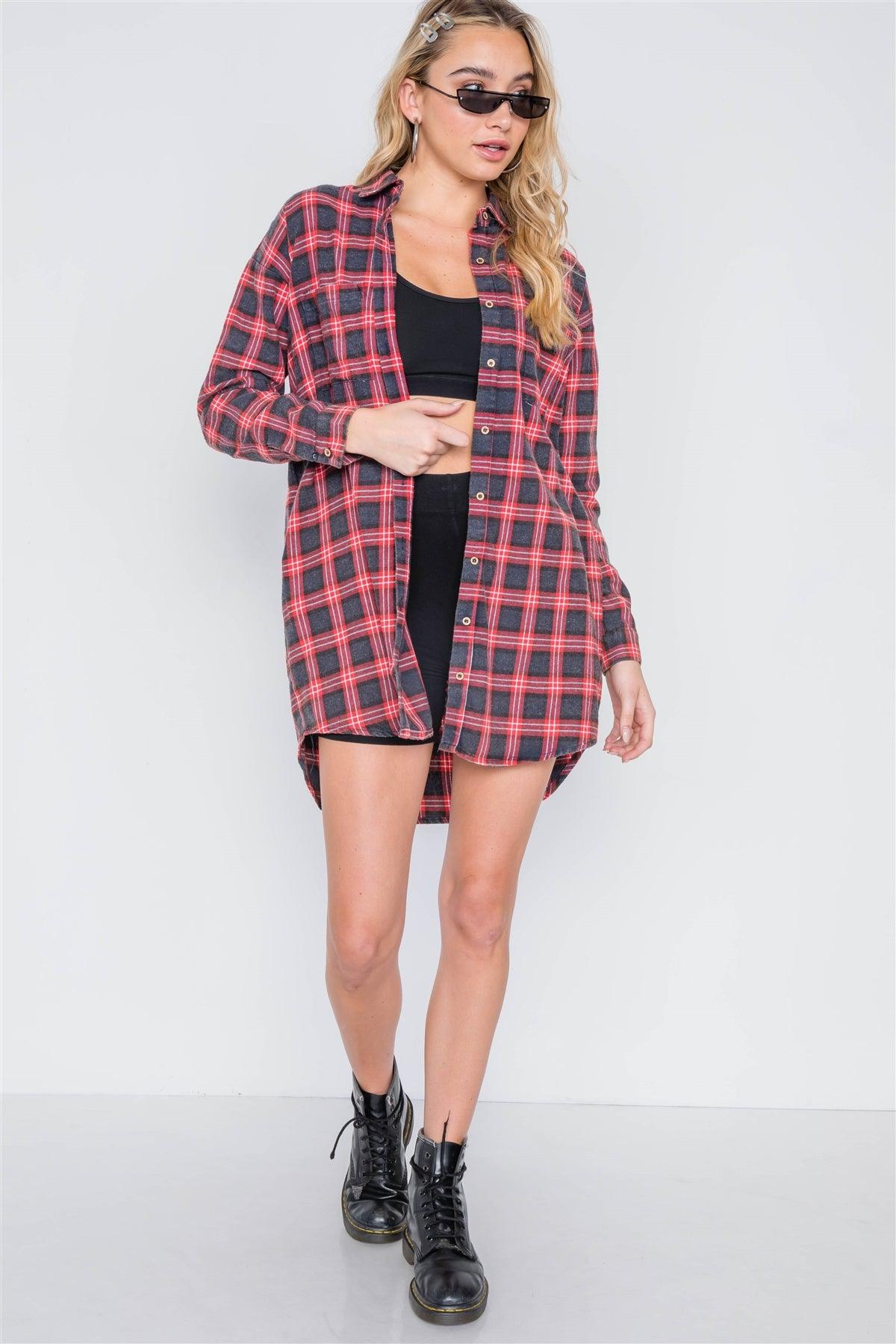 Red Plaid Button Down Long Sleeve Shirt Dress /1-3-1