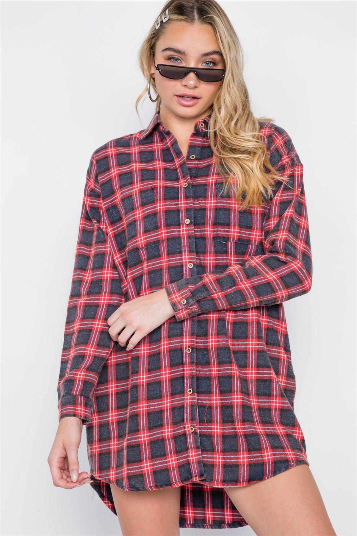 Red Plaid Button Down Long Sleeve Shirt Dress /1-3-2