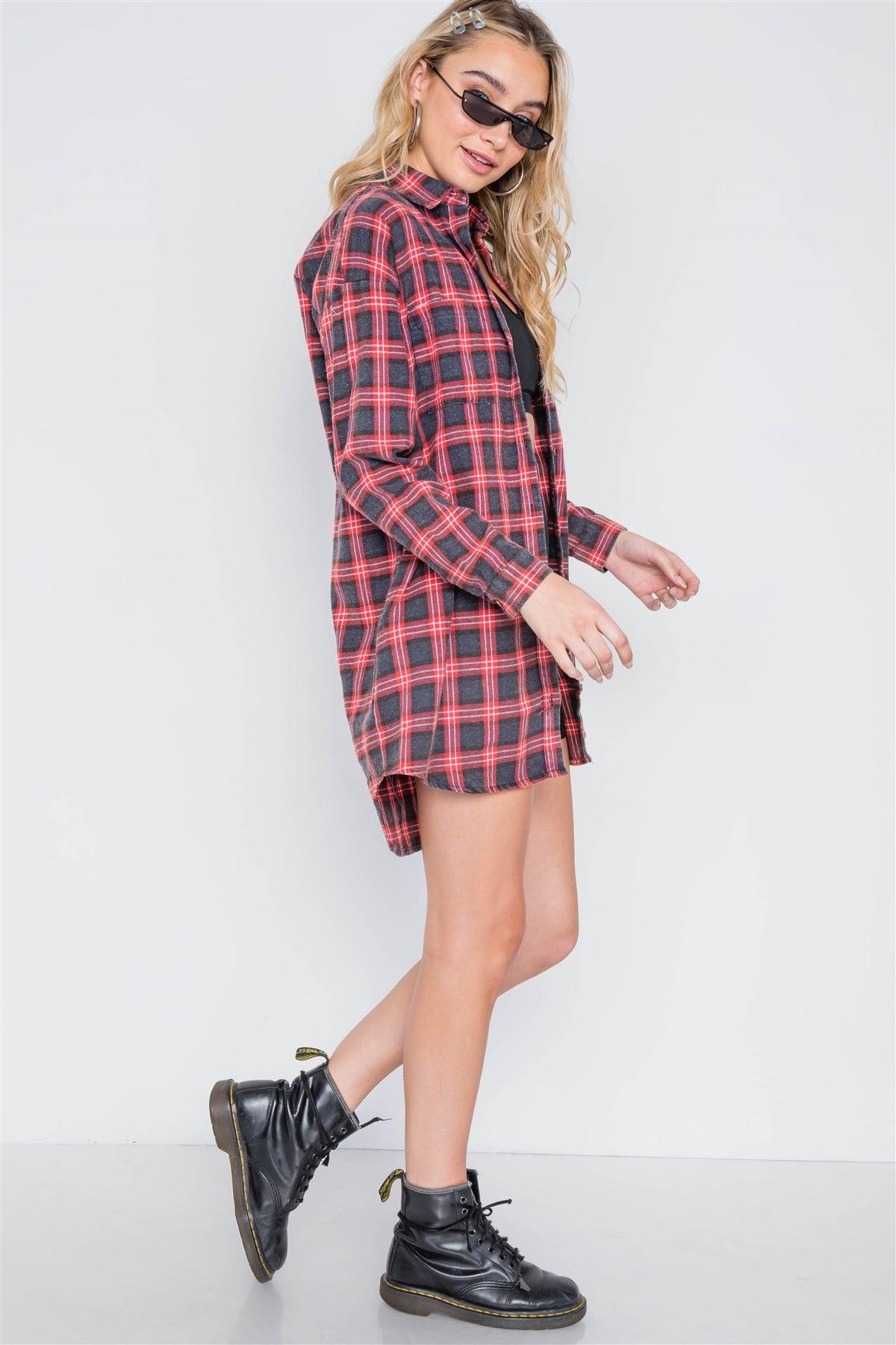 Red Plaid Button Down Long Sleeve Shirt Dress /1-3-2