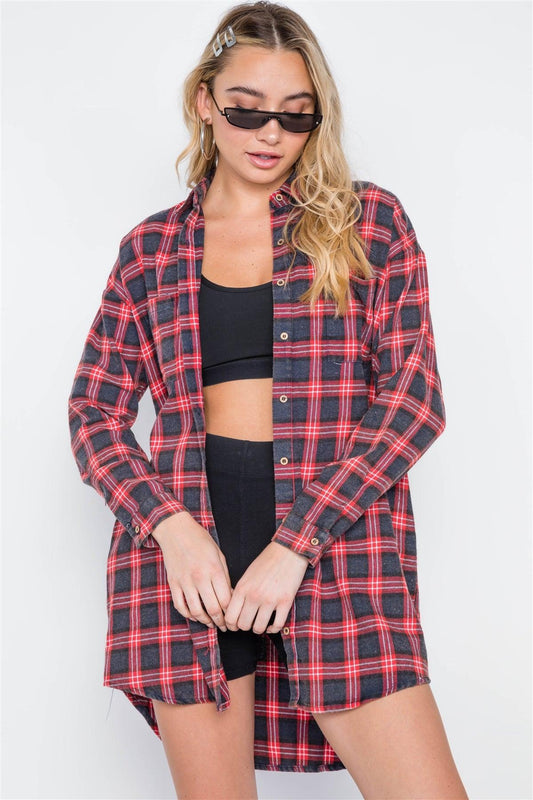 Red Plaid Button Down Long Sleeve Shirt Dress /2-3