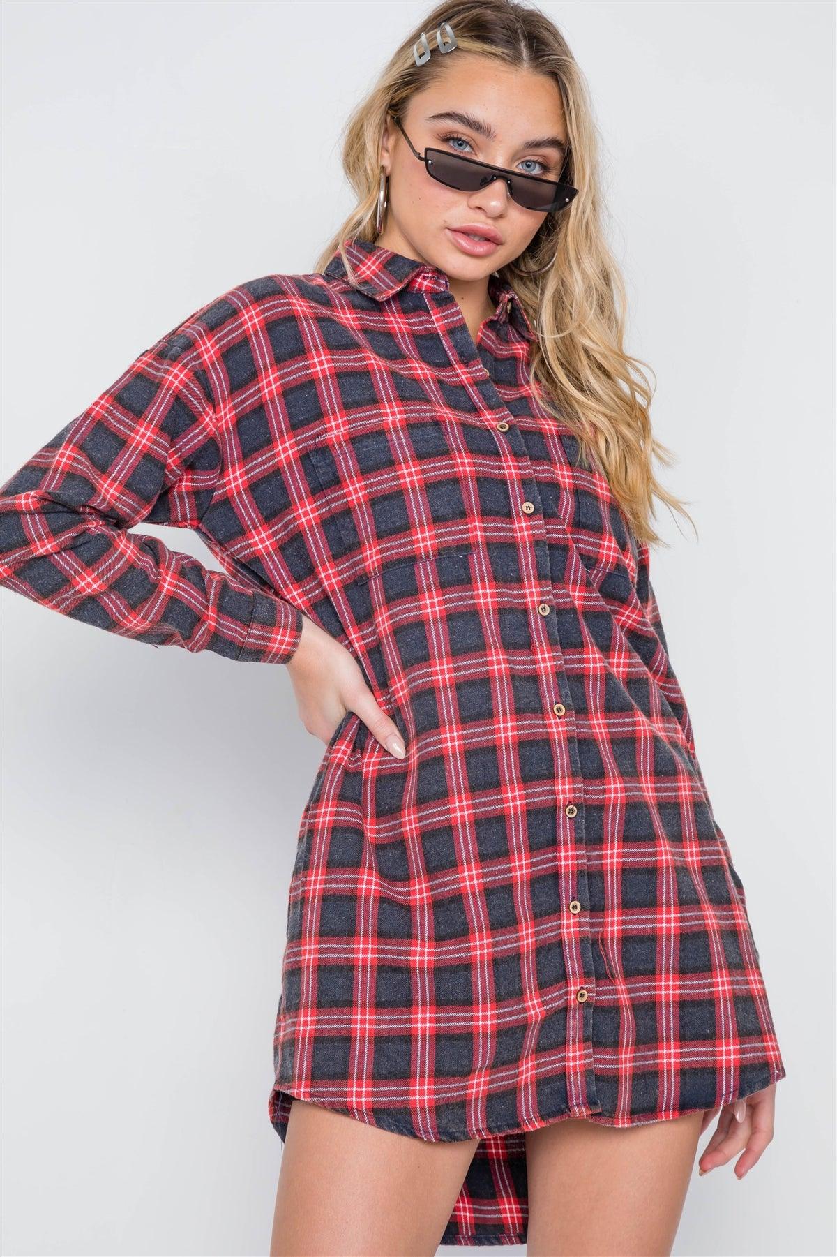 Red Plaid Button Down Long Sleeve Shirt Dress /2-3