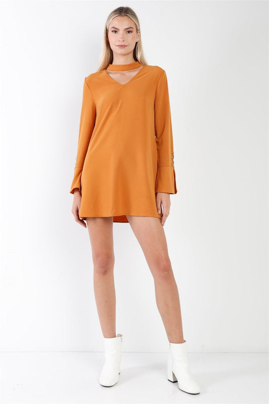 Camel Long Sleeve V-Cut Out Solid Mini Dress /2-2-2