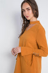 Camel Long Sleeve V-Cut Out Solid Mini Dress /1-3-3