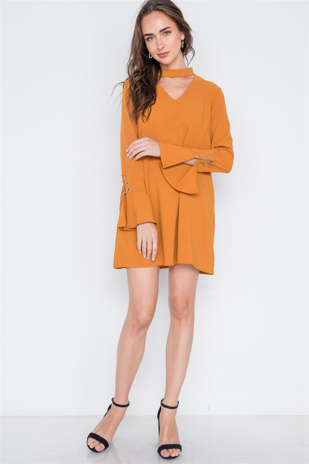 Camel Long Sleeve V-Cut Out Solid Mini Dress /1-3-3