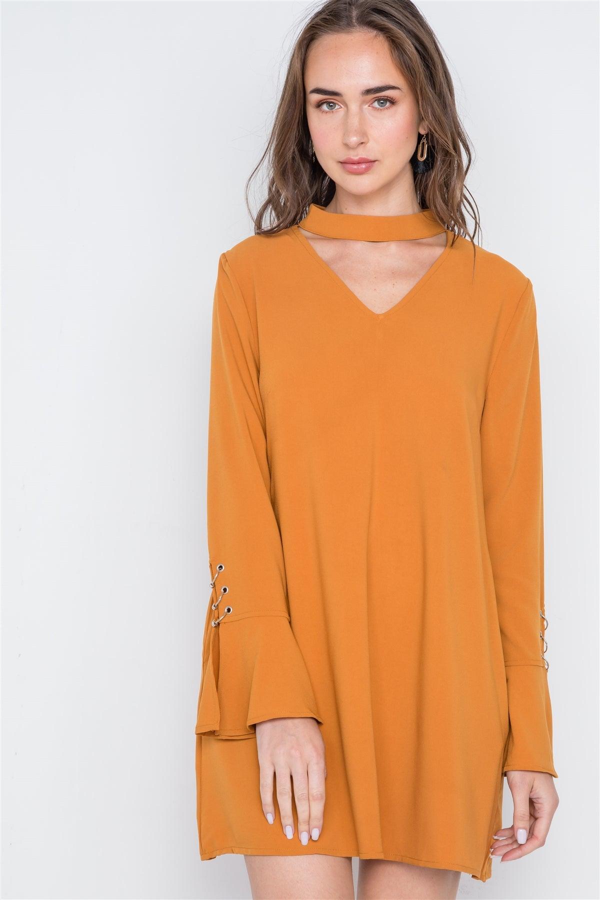 Camel Long Sleeve V-Cut Out Solid Mini Dress /1-3-3