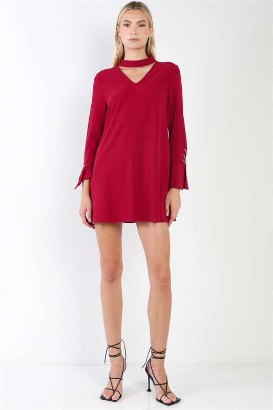 Wine Long Sleeve V-Cut Out Solid Mini Dress /2-2-2