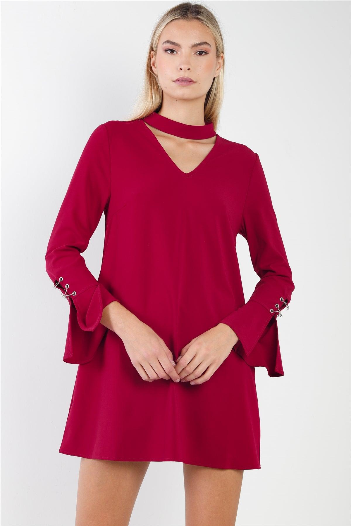 Wine Long Sleeve V-Cut Out Solid Mini Dress /2-2-2