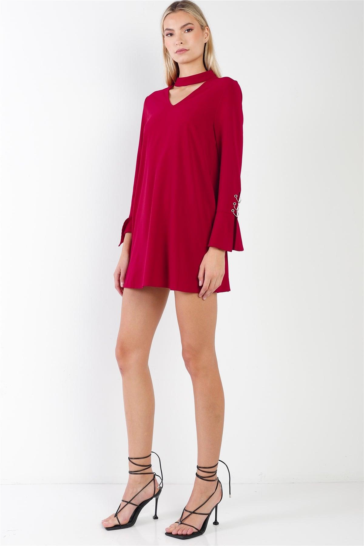 Wine Long Sleeve V-Cut Out Solid Mini Dress /2-2-2