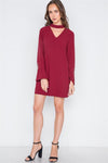 Wine Long Sleeve V-Cut Out Solid Mini Dress /1-2-3