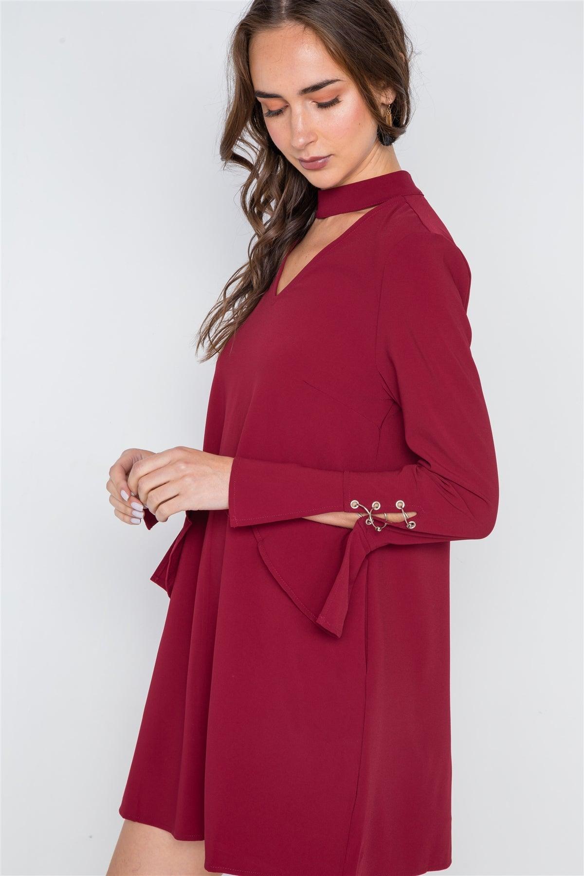 Wine Long Sleeve V-Cut Out Solid Mini Dress /1-2-3