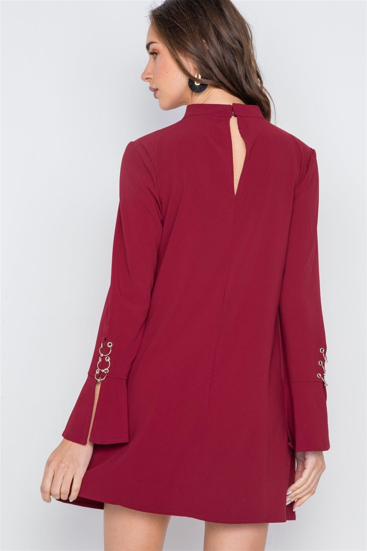 Wine Long Sleeve V-Cut Out Solid Mini Dress /1-2-3