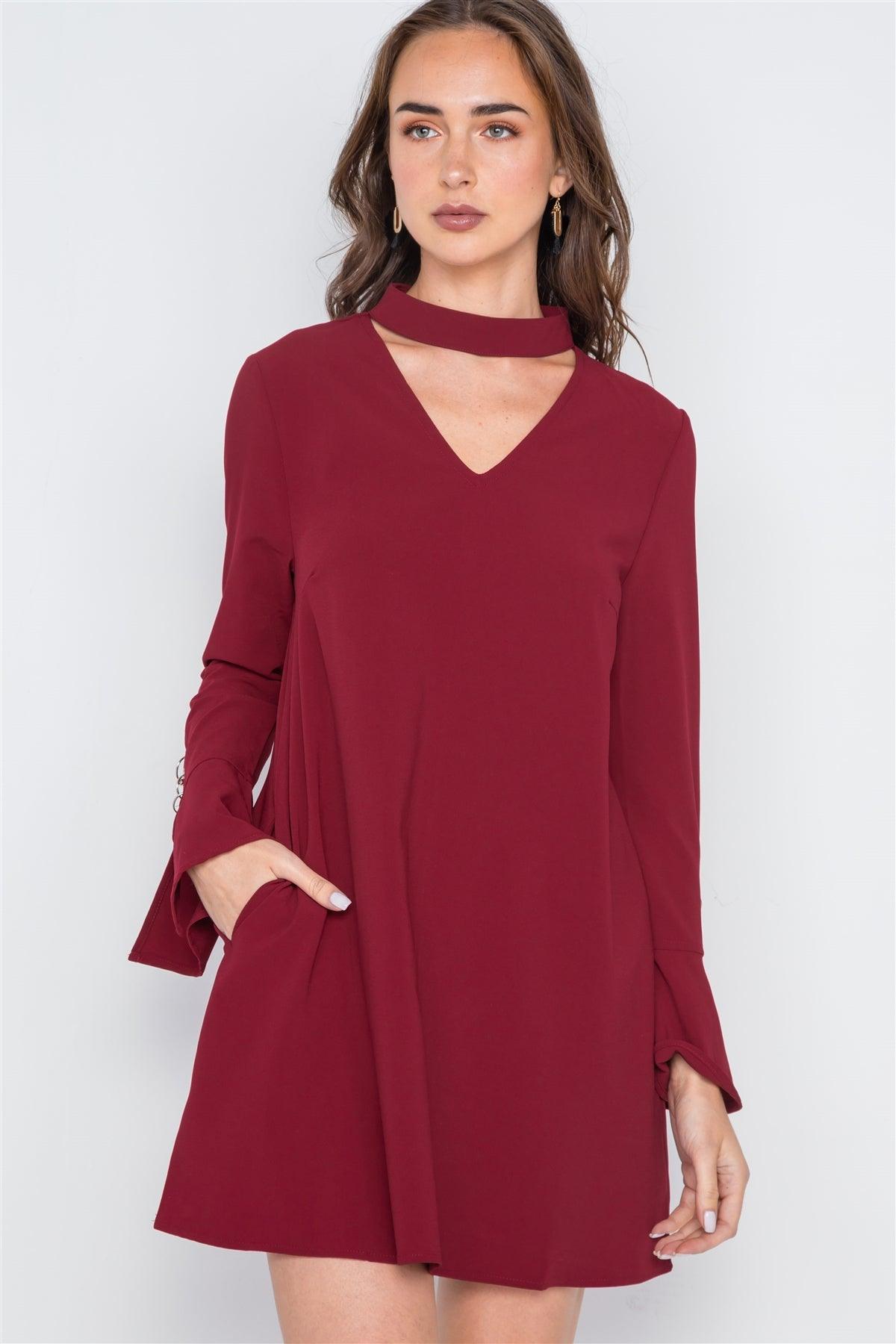 Wine Long Sleeve V-Cut Out Solid Mini Dress /1-2-3