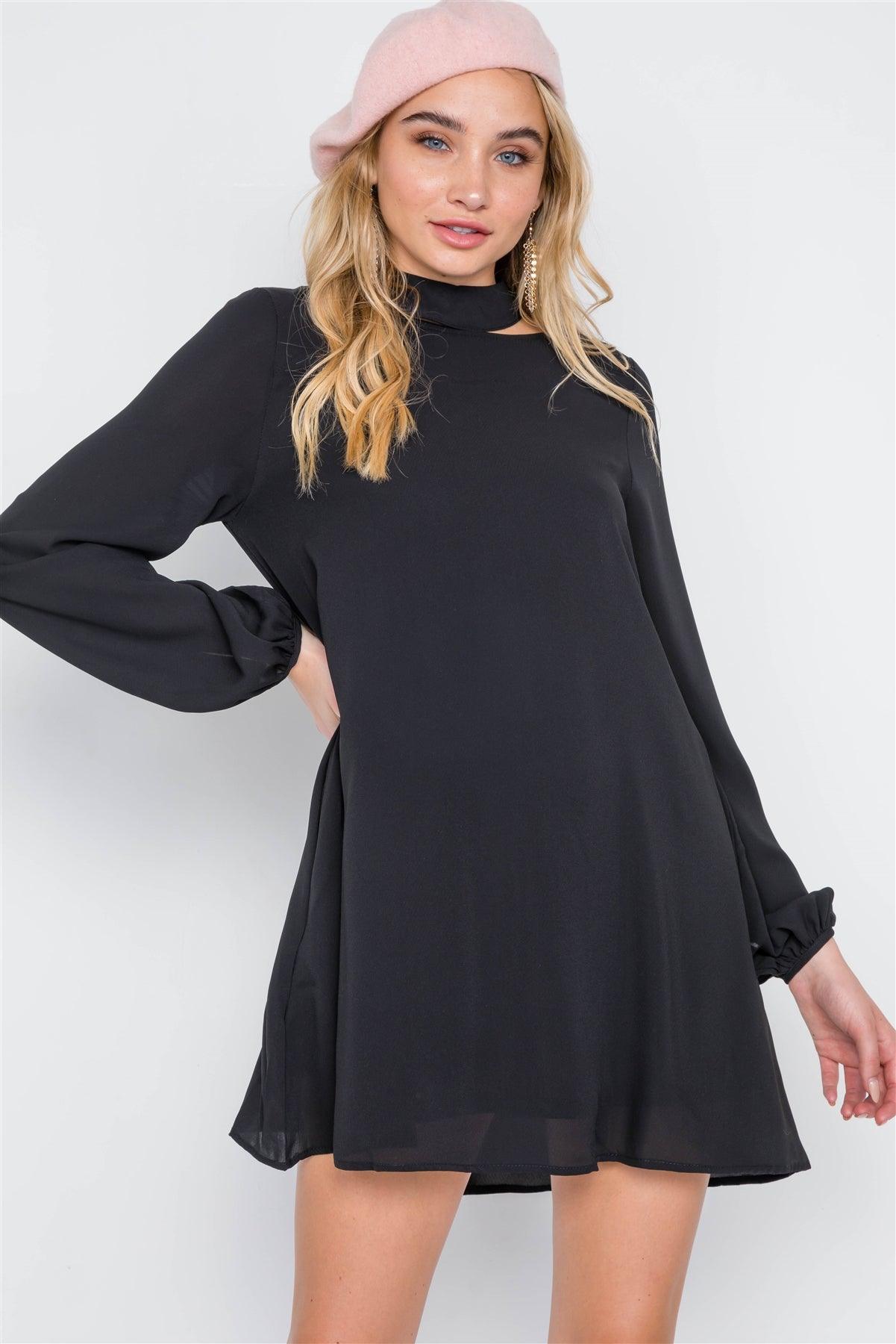 Black Cut-Out Neck Solid Long Sleeve Dress /2-2-2