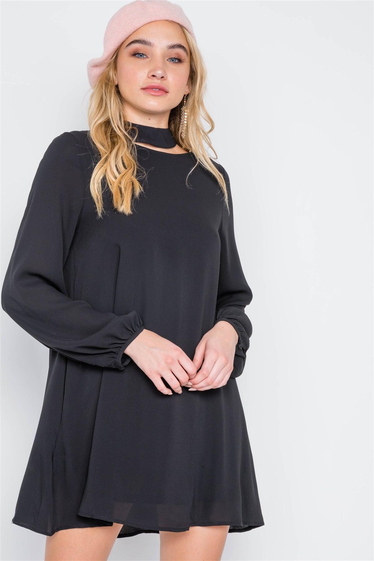 Black Cut-Out Neck Solid Long Sleeve Dress /2-2-2