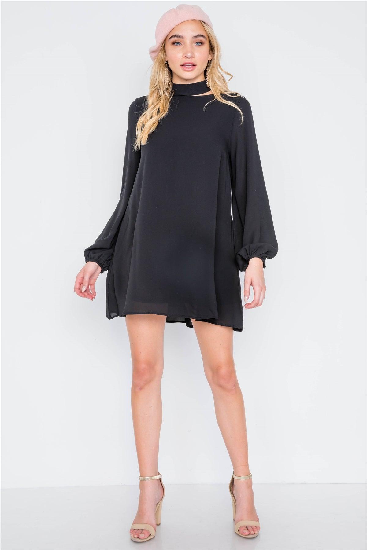 Black Cut-Out Neck Solid Long Sleeve Dress /2-2-2