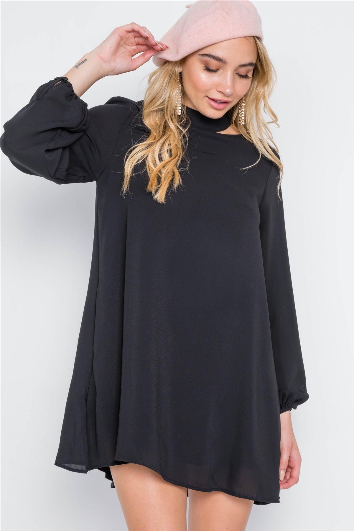 Black Cut-Out Neck Solid Long Sleeve Dress /3-2-2