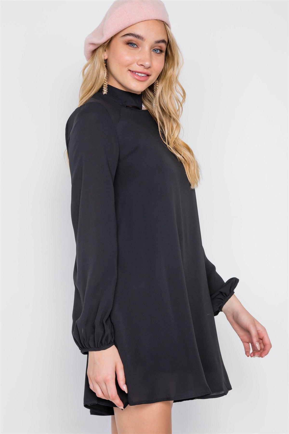 Black Cut-Out Neck Solid Long Sleeve Dress /3-2-2